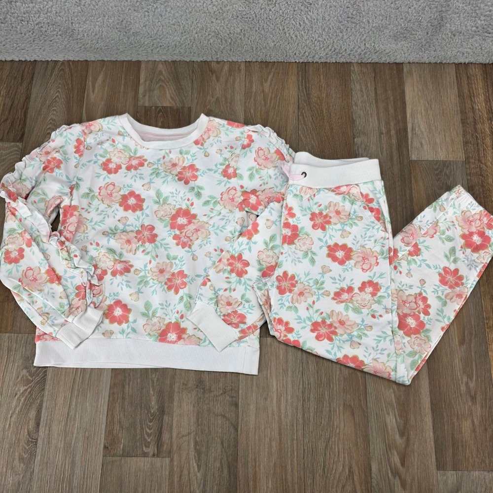 Cynthia Rowley Kids Floral Ruffle Sweatshirt and Joggers Set White Coral M 7/8‎